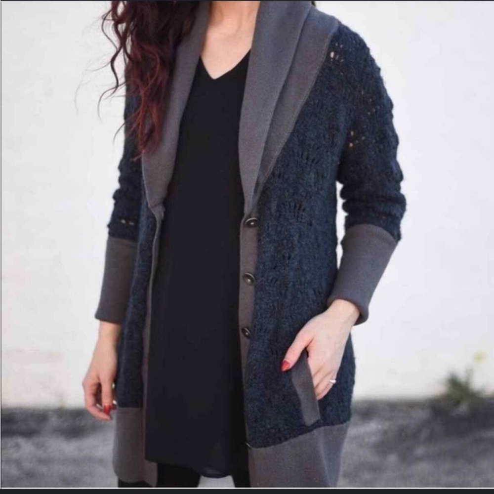 Free People Grandpa Cardigan Crochet Knit Blue M